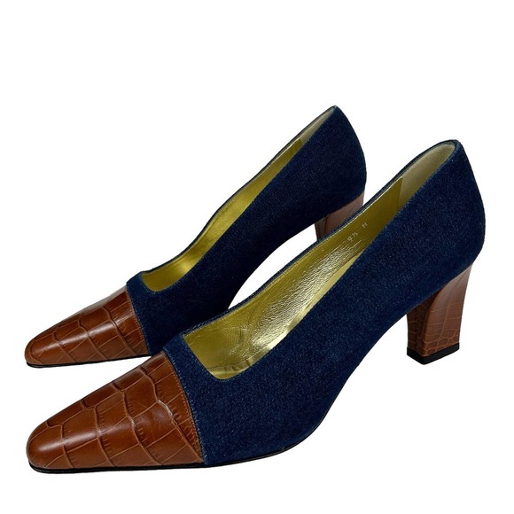 Escada 90s Denim Brown Croc Embossed Leather Block Heels 9.5N - Picture 1 of 7